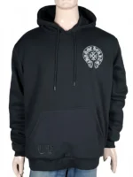 Back view of a black Chrome Hearts New York Exclusive Hoodie showing the detailed graphic on the back.