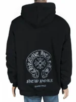 Close-up view of the back graphic on the black Chrome Hearts New York Exclusive Hoodie.