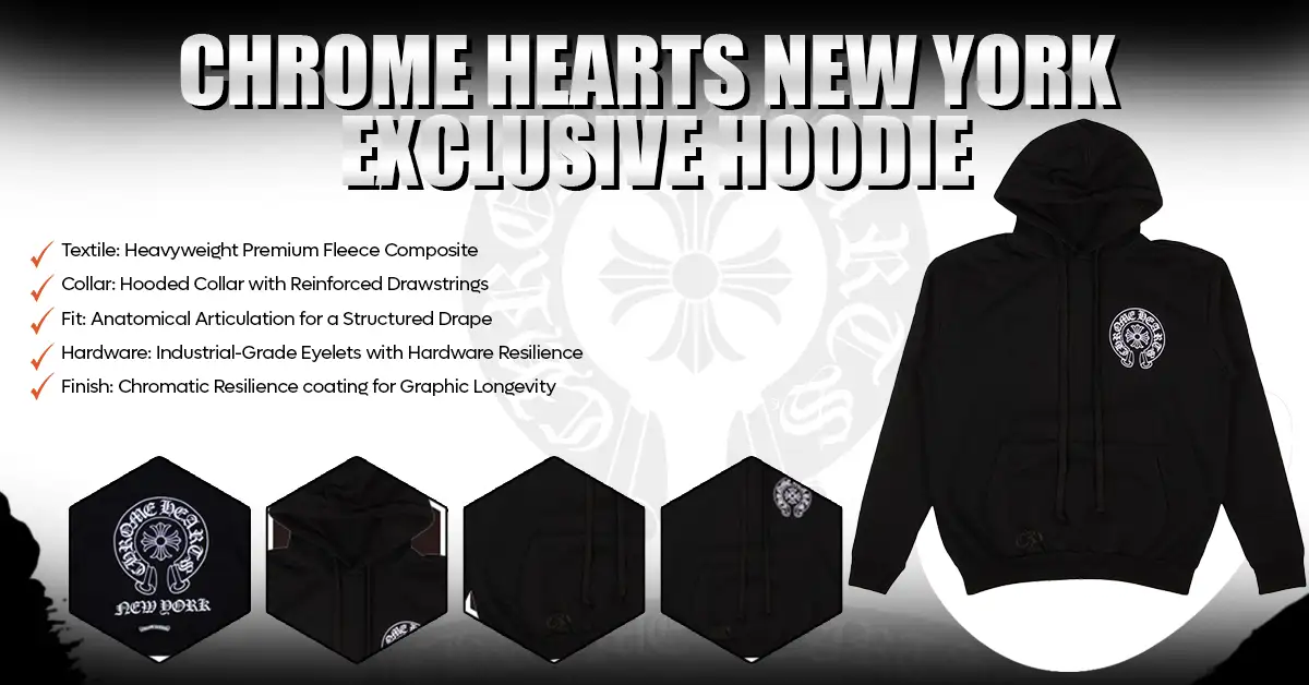 Infographic showing features of the Chrome Hearts New York Exclusive Hoodie.