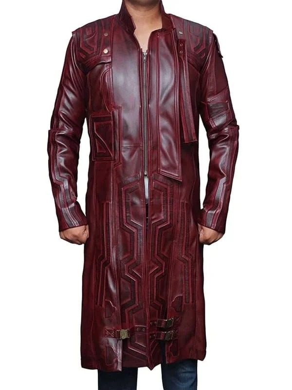 Guardians of Galaxy Pratt Marron Leather Coat In Front Star-Lord wearing a long red leather coat in Guardians of the Galaxy Vol
