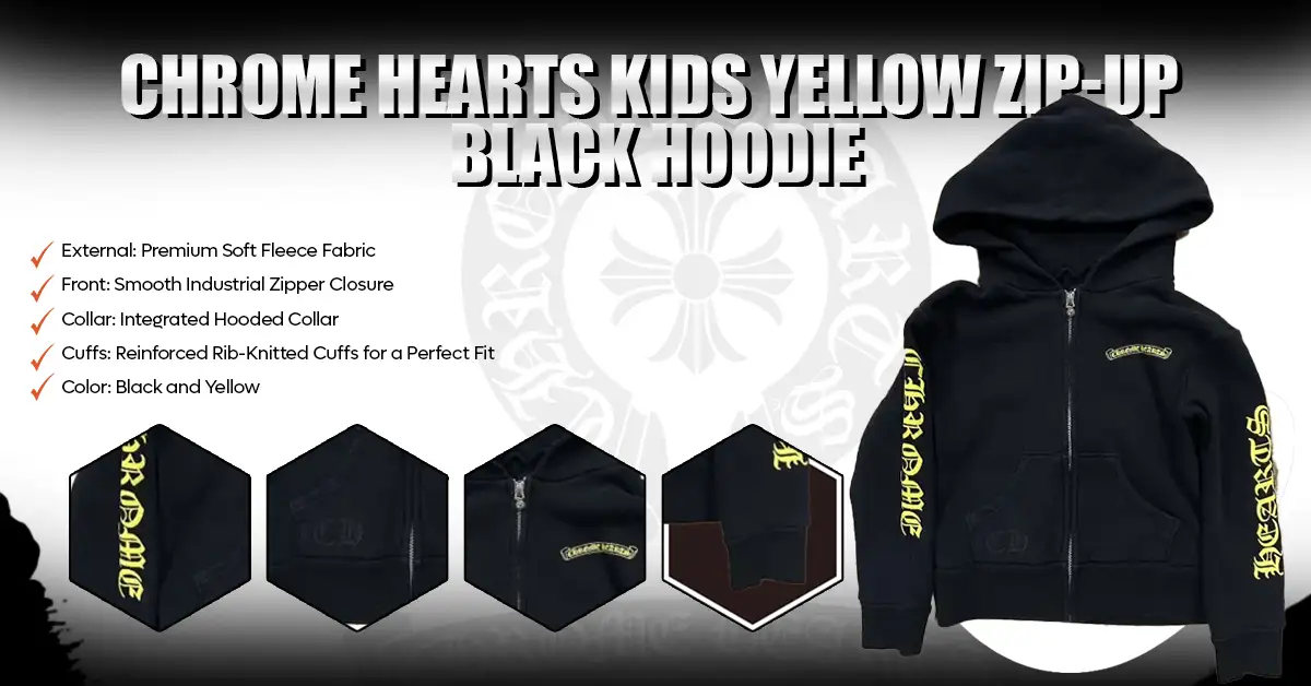 Infographic showing features of the Hearts Kids Yellow Zip-up Black Hoodie.