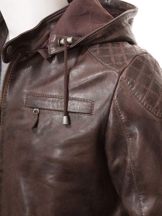 Mens Brown Hooded Leather Jacket