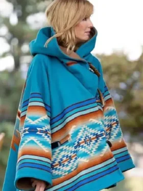 Front view of Beth Dutton Blue Hooded Wool Coat made from premium wool fabric