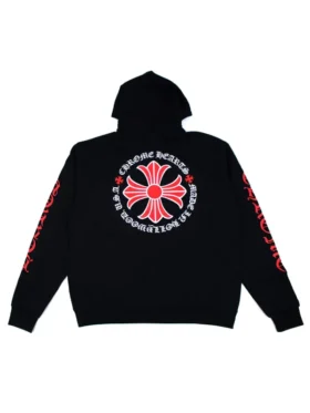 Chrome Hearts Made In Hollywood Plus Cross Black Hoodie back view highlighting the signature scroll logo and cross motifs.