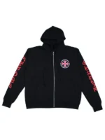 Chrome Hearts Made In Hollywood Plus Cross Black Hoodie front view featuring the secure silver-tone zipper and chest branding.