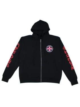 Chrome Hearts Made In Hollywood Plus Cross Black Hoodie front view featuring the secure silver-tone zipper and chest branding.