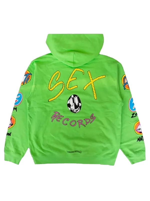 Hearts Matty Boy Sex Records Green Hoodie with bold graphic design