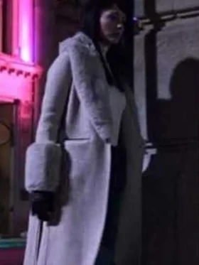 Max Meladze wearing The Recruit fur trim coat, a long beige wool coat with soft fur collar and cuffs