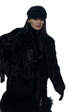 Meladze Black Fur Coat for women — a luxurious and warm winter outfit from TV Jackets. Elegant black faux fur design, trending celebrity-inspired coat for cold weather fashion