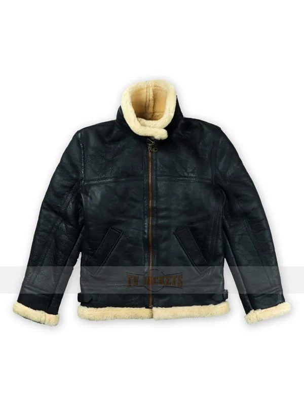 Men Black Leather With White Jacket Men B3 Sheepskin Shearling Black Jacket with classic aviator style