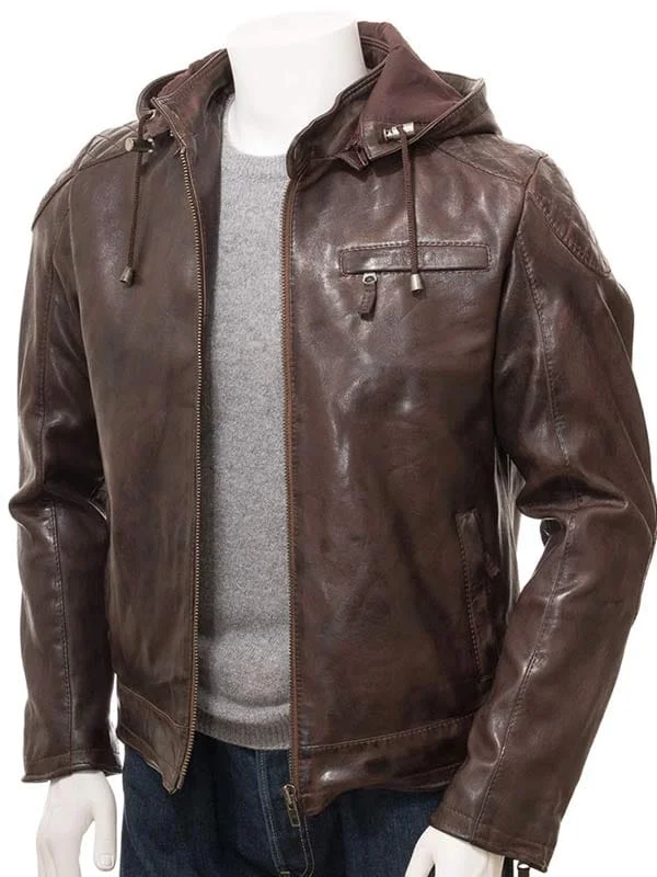 Men's Leather Jacket With Removeable Hood In Front Site Men’s brown hooded leather jacket with a casual modern design