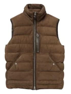 Front view of Mens Suede Leather Puffer Vest featuring soft suede texture