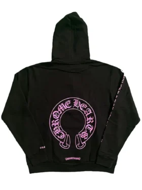 Front view of Chrome Hearts Online Exclusive Horse Shoe Pink Hoodie with bold horseshoe graphic