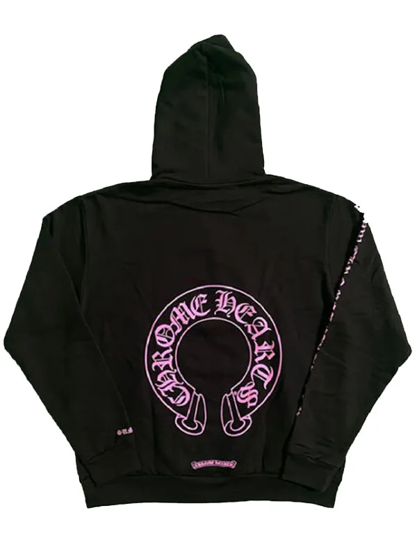 Front view of Chrome Hearts Online Exclusive Horse Shoe Pink Hoodie with bold horseshoe graphic