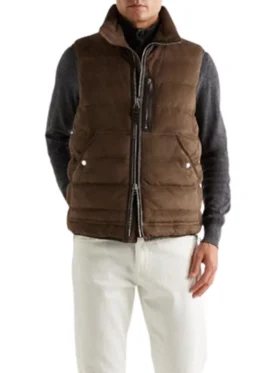 Mens Suede Leather Puffer Vest in brown with quilted design and zip closure