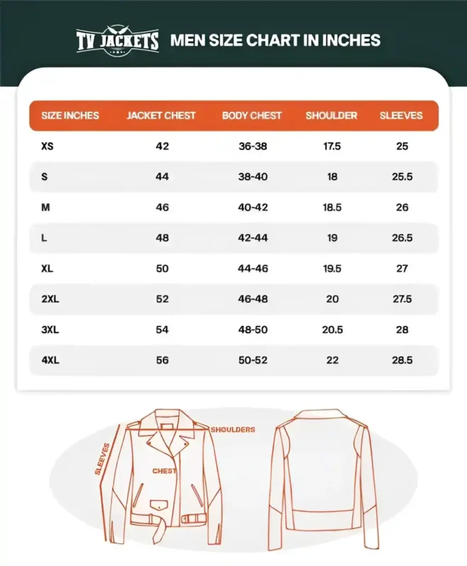 TV Jackets Men Size Chart in Inches for Jackets, Chest, Shoulder, and Sleeves