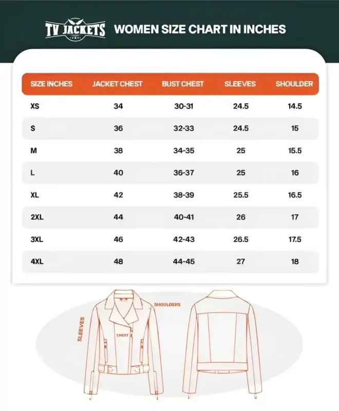 TV Jackets Women Size Chart in Inches for Jackets, Bust Chest, Sleeves, and Shoulder Measurements
