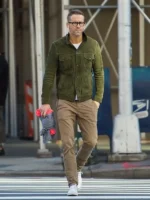 Stylish Ryan Reynolds Green Jacket featuring a modern collar and durable fabric