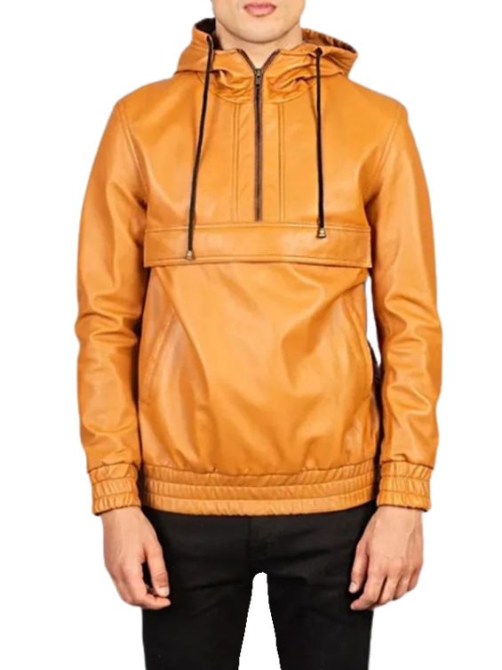 Tan Brown Hooded Leather Jacket