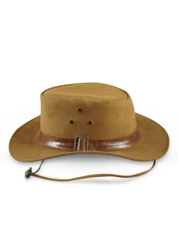 Front view of 1923 Spencer Dutton brown suede safari fedora with leather buckle hat band and chin cord on white background