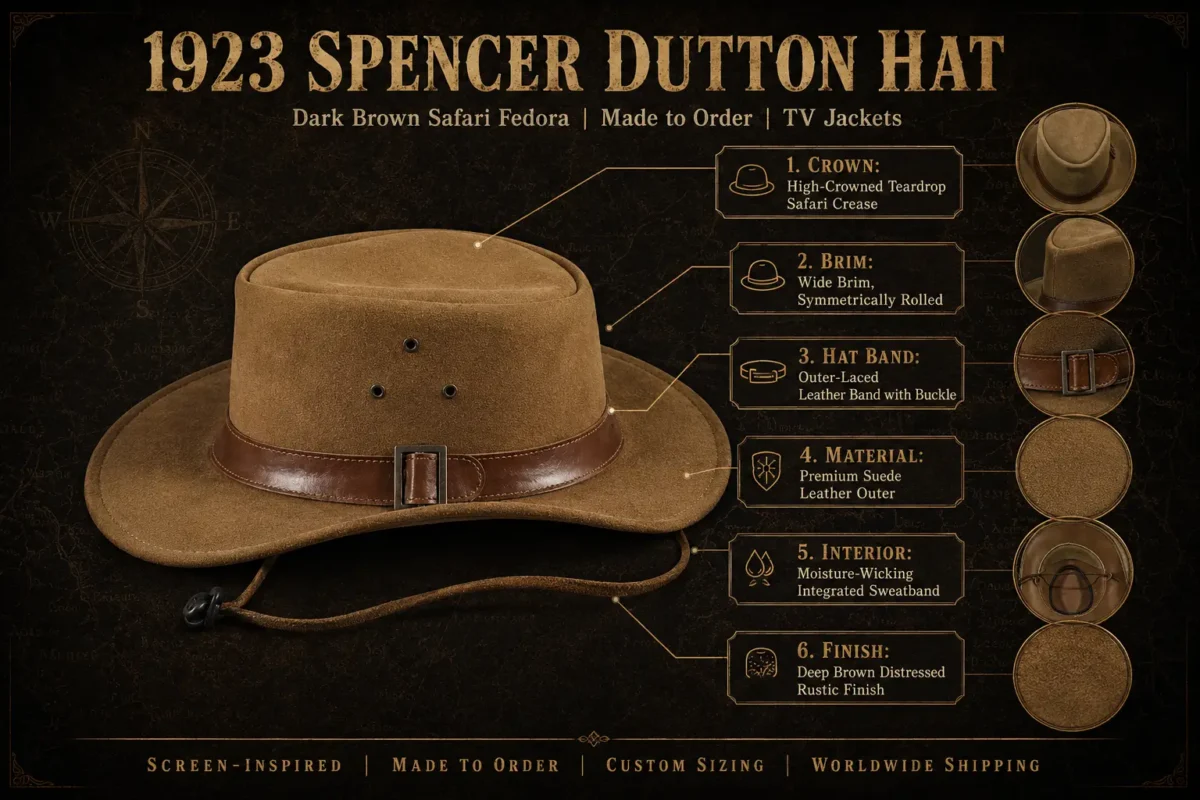 1923 Spencer Dutton Hat spec infographic: teardrop crown, wide rolled brim, outer-laced leather band, premium suede leather, made to order TV Jackets