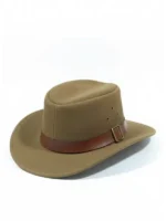 1923 Spencer Dutton brown suede safari fedora three-quarter product view showing leather buckle hat band on white background