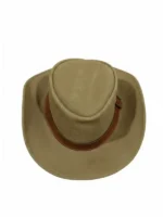 Overhead view of 1923 Spencer Dutton brown suede safari fedora showing teardrop crown and wide brim at TVJackets