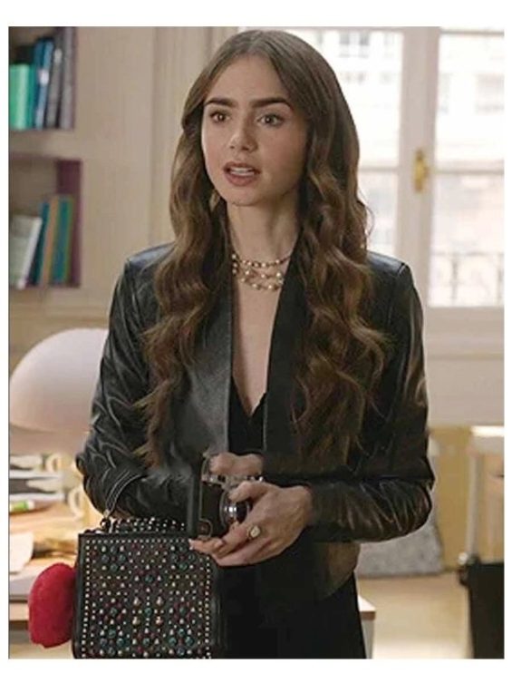 Emily In Paris Lily Collins Black Leather Jacket