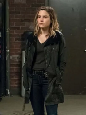Sophia Bush wearing a tailored dark coat as Detective Erin Lindsay in Chicago P.D.