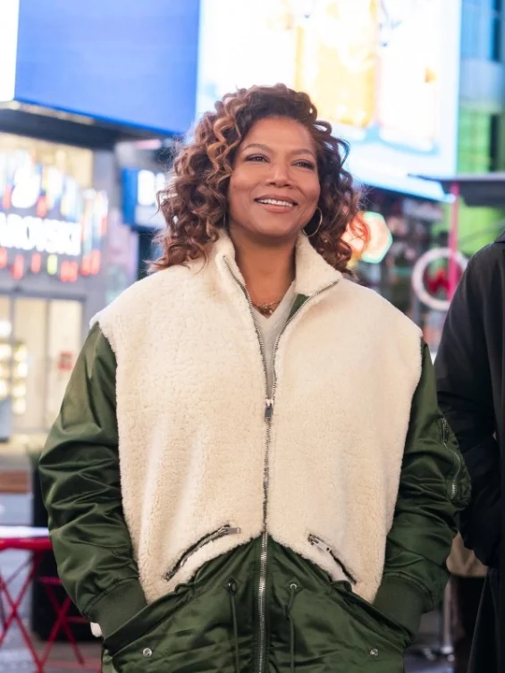 Queen Latifah The Equalizer Robyn Mccall White & Green Shearling Coat