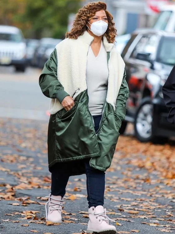 Queen Latifah The Equalizer Robyn Mccall White & Green Shearling Coat