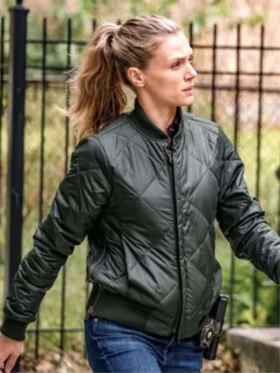 Black quilted bomber jacket inspired by Hailey Upton Tracy Spiridakos from Chicago P.D.”