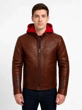 Jason Todd Red Hood Brown Leather Jacket – Front View