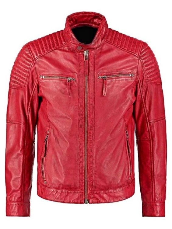 Mens Waxed Sheepskin Quilted Leather Biker Jacket Red