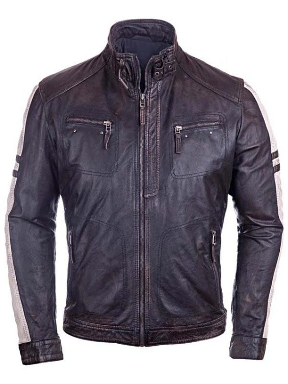 Mens Vintage Style Cafe Racer Leather Biker Jacket Black