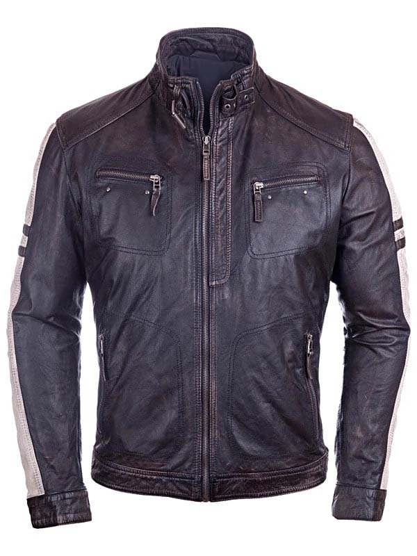 Mens Vintage Style Cafe Racer Leather Biker Jacket Black - Sale