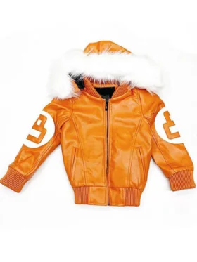 8 Ball Orange Fur Hooded Leather Parka Jacket