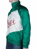 Stylish green satin jacket with beige panels and bold branding, inspired by Jimin from BTS.