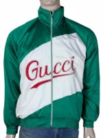 BTS member Jimin inspired green satin Gucci jacket featuring beige panel detailing.