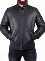 Black Leather Biker Jacket With Belted Collar