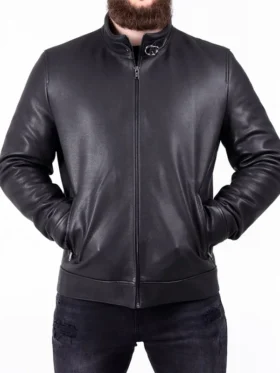 Black Leather Biker Jacket With Belted Collar
