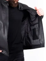 Black Leather Biker Jacket With Belted Collar