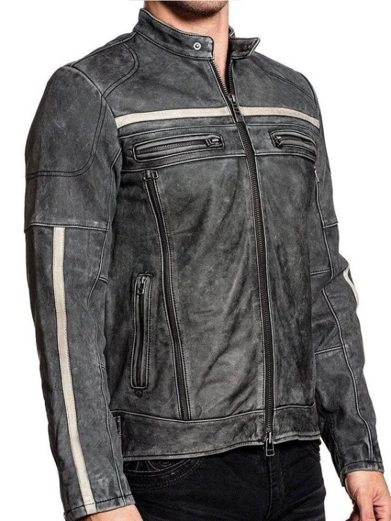 Men’s Distressed Cafe Racer Leather Biker Jacket