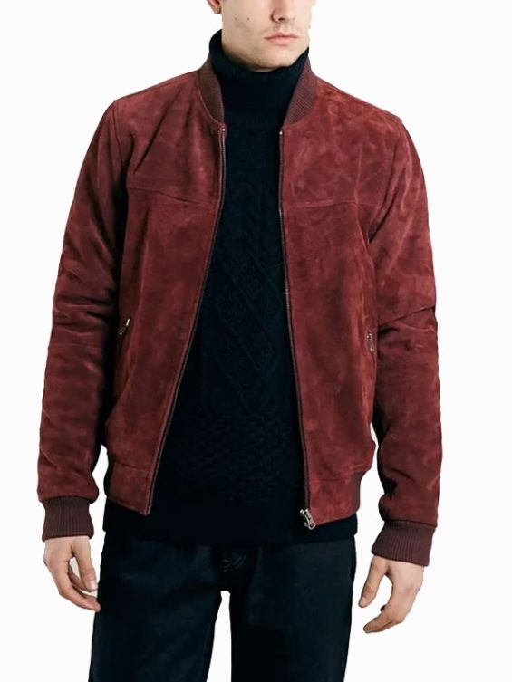 Men’s Burgundy Suede Bomber Jacket