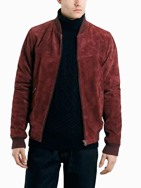 Mens Burgundy Suede Bomber Jacket