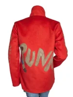 Full-length view of the red wool punk jacket with meticulous stitching and professional tailoring.