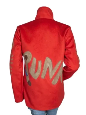 Full-length view of the red wool punk jacket with meticulous stitching and professional tailoring.