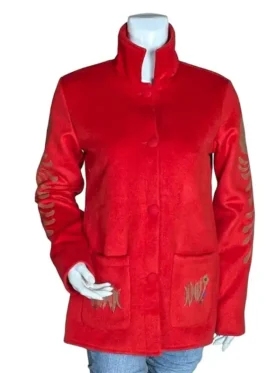 Front view of the vibrant red wool blend punk jacket worn by Evelyn Wang in Everything Everywhere All At Once.