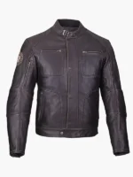 Back and side views of a men's slim-fit leather rocker jacket, illustrating the tailored silhouette and high-quality leather texture.