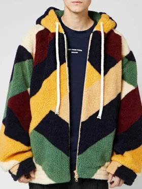 Men's fashion sherpa hoodie displaying a unique multi-colored block pattern and a relaxed, modern silhouette.